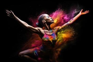 Black woman ballet dancer jumping with multi color powder spreading in the background. AI generative art - obrazy, fototapety, plakaty
