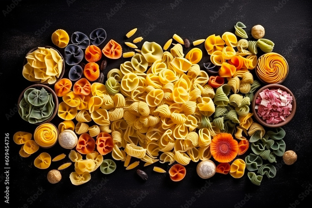 Wall mural Creative food concept background. Different types of pasta isolated on black background. AI generated.