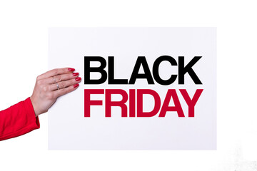 Woman hand holding a Black Friday white poster on transparent background. Studio shot. Commercial concept.
