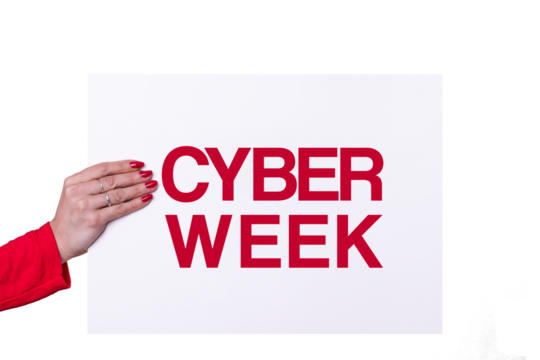 Woman hand holding a cyber week white poster on transparent background. Studio shot. Commercial concept.