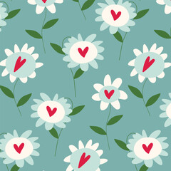 vector pattern with cartoon flowers and a heart on a blue background