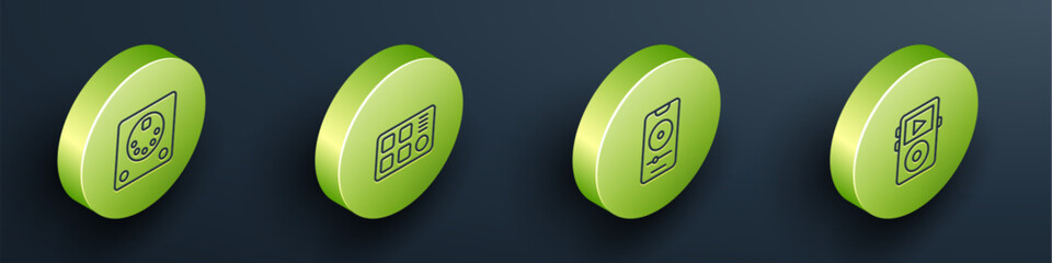 Set Isometric line Drum machine, , Music player and icon. Vector