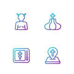 Set line Location church building, Online pastor preaching, Krampus, heck and Church tower. Gradient color icons. Vector
