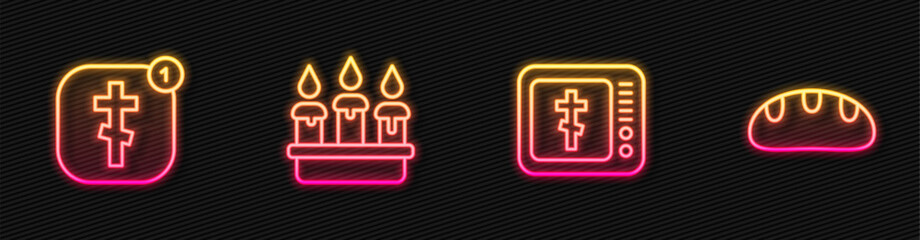 Set line Online church pastor preaching, , Burning candle candlestick and Bread loaf. Glowing neon icon. Vector