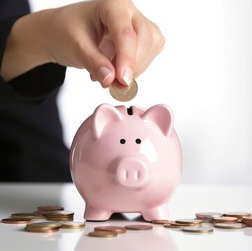 Ahorrando mi dinero en una hucha de cerdito de color rosa