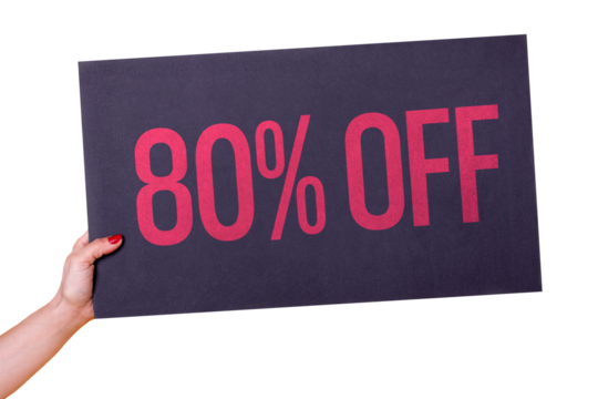 Woman hand holding a 80% black poster on transparent background. Studio shot. Commercial concept.