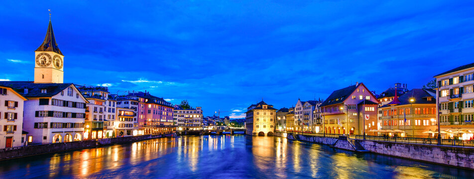 Beautiful night view of historic city center of Zurich, Switzerland.