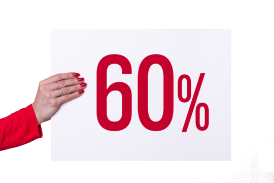 Female hand holding a 60% poster on transparent background. Studio shot. Commercial concept.