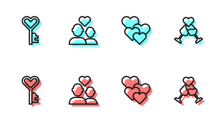 Set line Heart, Key in heart shape, Lover couple and Glass of champagne icon. Vector