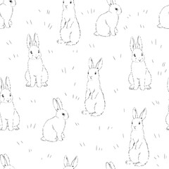 Vector hand-drawn seamless pattern with rabbits isolated on white. Endless black and white texture with cute bunnies. - 609455937