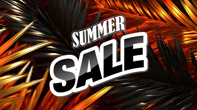 Summer Sale banner with gold and black palm leaves. Sale and discounts illustration for your design.