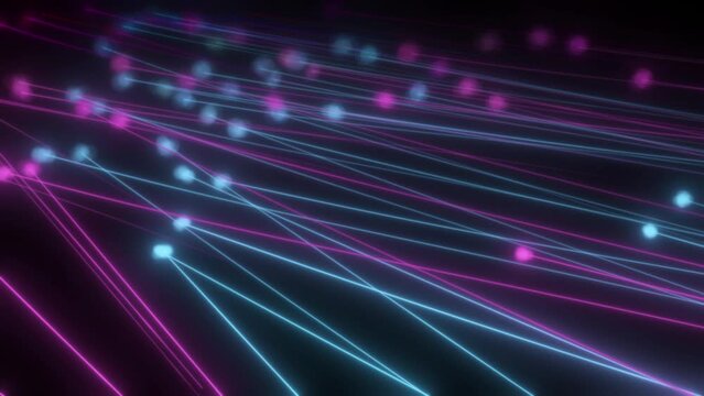 Abstract neon cyan and purple lines theme light streaks loop background, cyberpunk technology lines motion background, cybercity wire lines loop