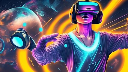 An energetic and dynamic illustration showcasing a person interacting with a virtual reality headset. Generative AI