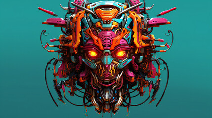 Cyberpunk battle mech head bright colors intricate - obrazy, fototapety, plakaty