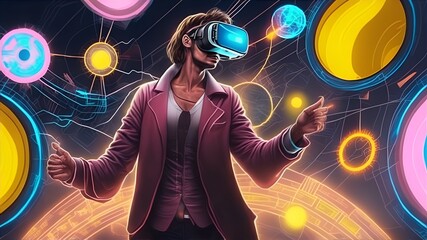 An energetic and dynamic illustration showcasing a person interacting with a virtual reality headset. Generative AI