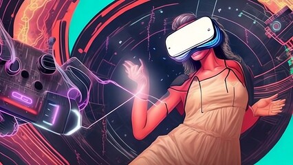 An energetic and dynamic illustration showcasing a person interacting with a virtual reality headset. Generative AI
