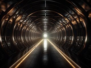 Naklejka premium Abstract futuristic tunnel corridor with glowing lights and reflections Science fiction style Created with Generative AI technology