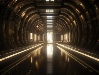 Fototapeta na wymiar Abstract futuristic tunnel corridor with glowing lights and reflections Science fiction style Created with Generative AI technology