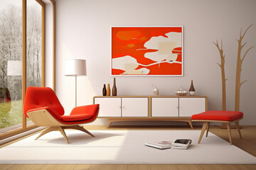 Red and White Contemporary Elegance: Interior Design of Living Room with Sideboard and Armchair
