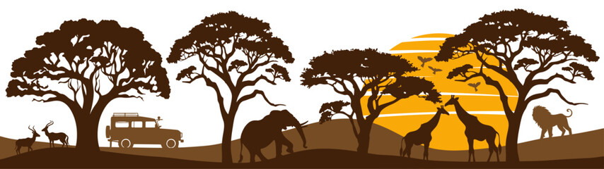 Africa Safari Savanna landscape background banner panorama for logo - Brown silhouette of wild animals, trees, vehicle and sun, isolated on white background (Generative Ai) - obrazy, fototapety, plakaty