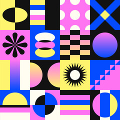 Geometric Wrapping popular squares stickers blocks. Mural trend graphic design Memphis Mixed shapes vector. Retro Flat Maximalism Style. Complex composition. - 609458540