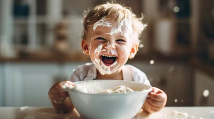 Fototapeten Laughing boy sits in baby chair eating porridge created with generative AI technology © Neuroshock