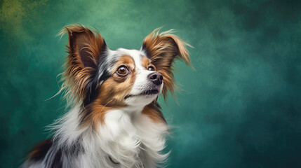 Zdjęcie studyjne. Pies na kolorowym tle, Uśmiechnięty pies - obrazy, fototapety, plakaty