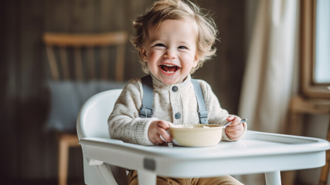 Laughing boy sits in baby chair eating porridge created with generative AI technology