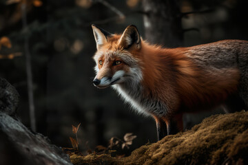 Naklejka na ściany i meble Curious red fox in its natural habitat. Cautious fox stopped at the edge of the forest in autumn leaves. A red fox roams through the forest in the Alps. Realistic 3D illustration. Generative AI