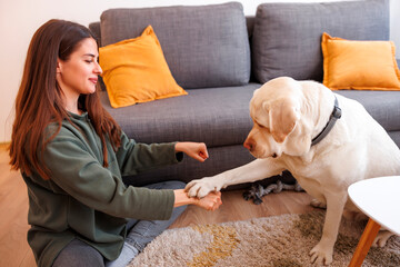 Woman spending leisure time at home teaching dog tricks