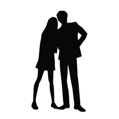 Vector silhouettes of  man and a woman, a couple of standing business people, profile, black color isolated on white background