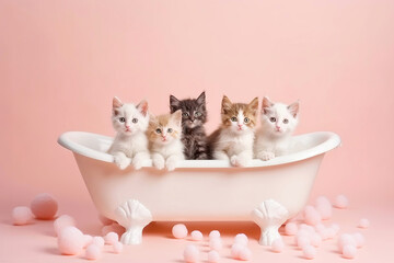 Portrait of cute cats in bath with bubbles on pink background. Generative AI illustration