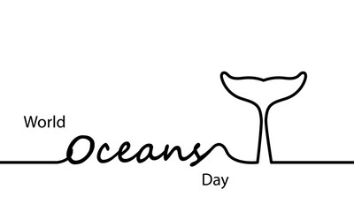 Oceans day world linear whale tail, vector art illustration.