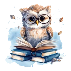 Zelfklevend Fotobehang Watercolor cute owl with glasses reading book, isolated. Generative AI © Artyom