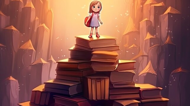 Girl climbs up the books step by step. Concept of education and self developement 