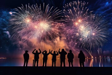 Fototapeta na wymiar Silhouettes of people celebrating and watching fireworks display. Generative AI