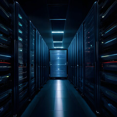 An aerial view of a server room showcasing rows of blinking servers