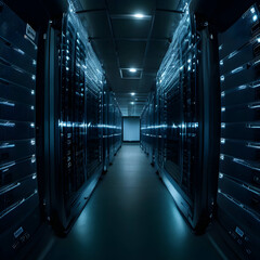 An aerial view of a server room showcasing rows of blinking servers