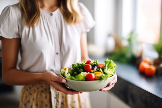 Unrecognizable woman hands holding bowl of salad, AI Generated