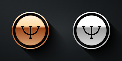 Gold and silver Psychology icon isolated on black background. Psi symbol. Mental health concept, psychoanalysis analysis and psychotherapy. Long shadow style. Vector