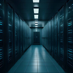 An aerial view of a server room showcasing rows of blinking servers