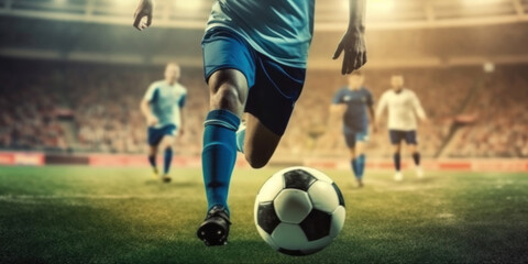 Fototapeta premium Cropped image of running soccer, football player at stadium during football match. Ai generative