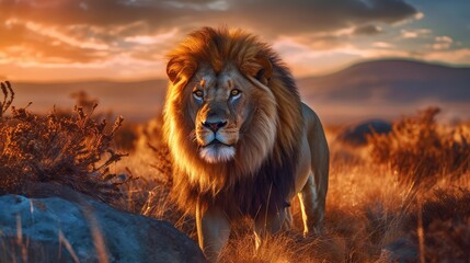 Fototapeta na wymiar Lion portrait on Savanna. Mount Kilimanjaro at sunset