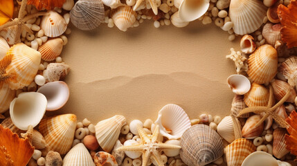 Frame of seashells on the beach. IA generative.