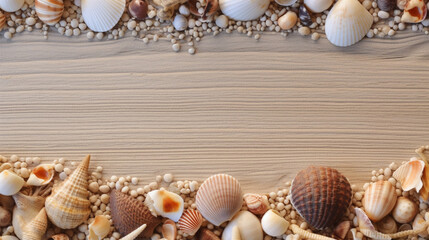 Fototapeta na wymiar Frame of seashells on the beach. IA generative.