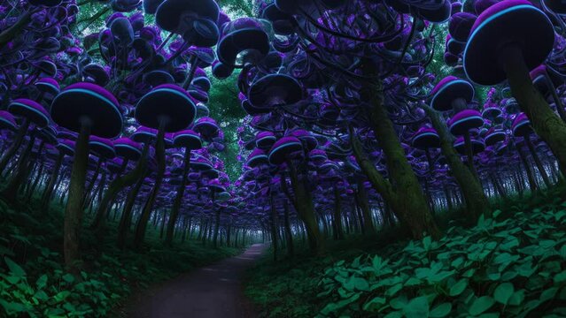 Path under magic mushroom forest canopy abstract a.i. generated