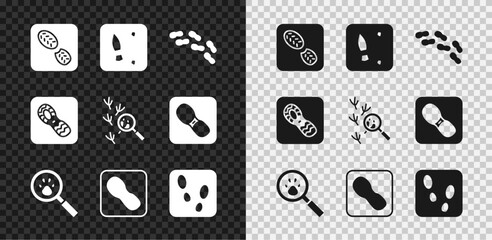 Set Human footprints shoes, Paw search, and Bird icon. Vector