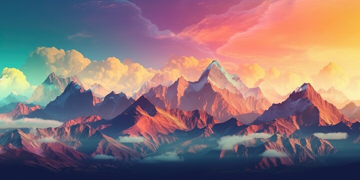 AI Generated. AI Generative. Gradient filter syntwave cyberpunk style mountains. Outdoor adventure decoration poster.. Graphic Art