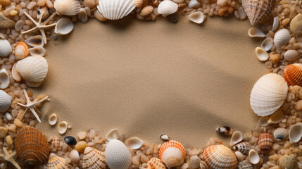 Fototapeta na wymiar Frame of seashells on the beach. IA generative.