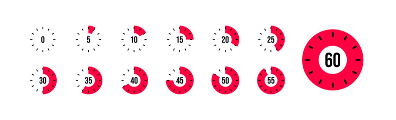 Set of timer. Stopwatch icons set. Countdown 0, 5, 10, 15, 20, 25, 30, 35, 40, 45, 50, 55, 60 minutes. Timer symbol. Outline stopwatch icon. Alarm pictogram. Vector, Transparent background